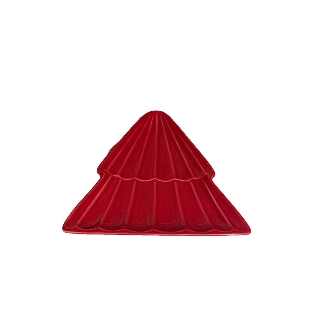 West Elm Textured Stoneware Tree Appetizer Plate Red Christmas